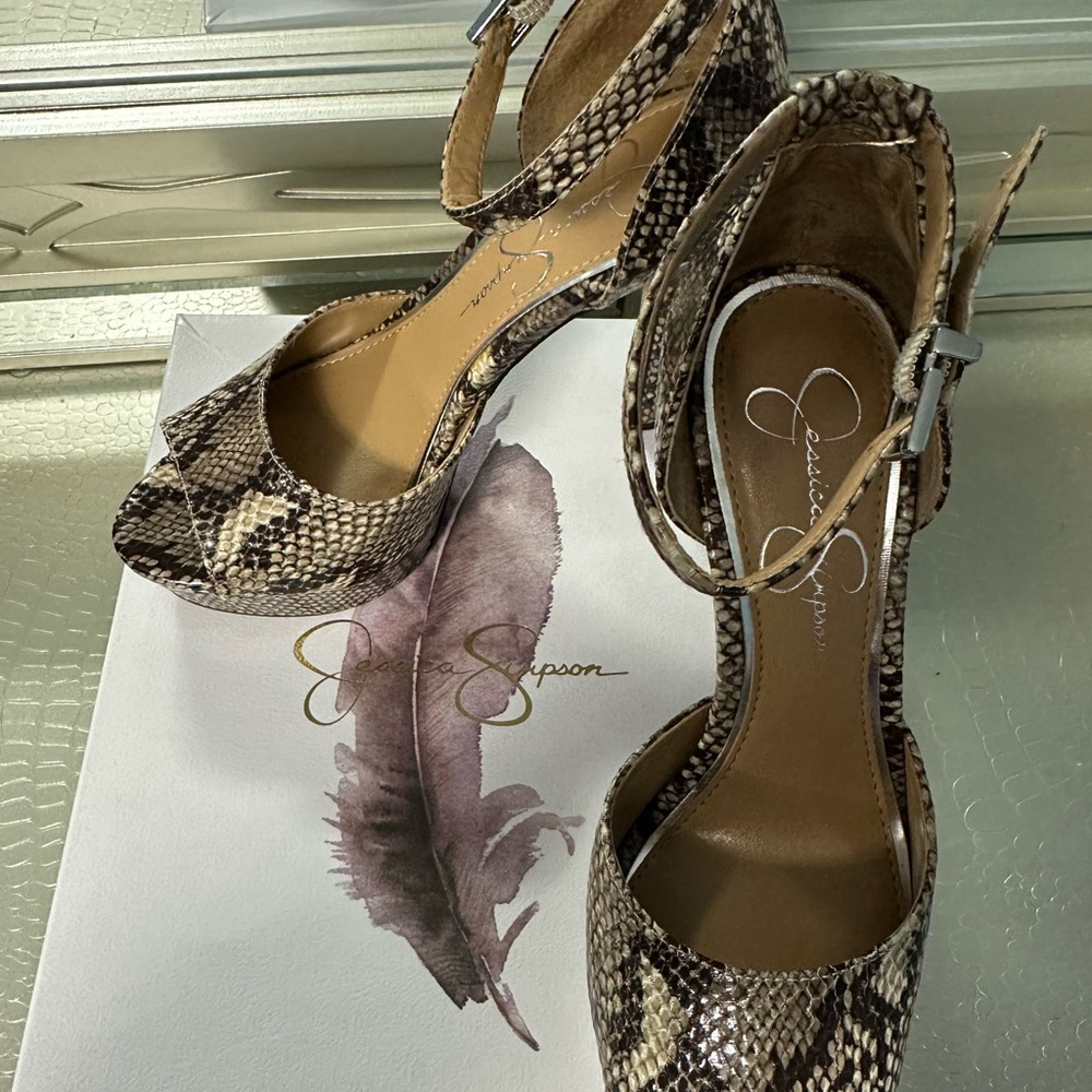 Jessica Simpson Brown Snake-Print Peep-Toe Ankle Strap Heels